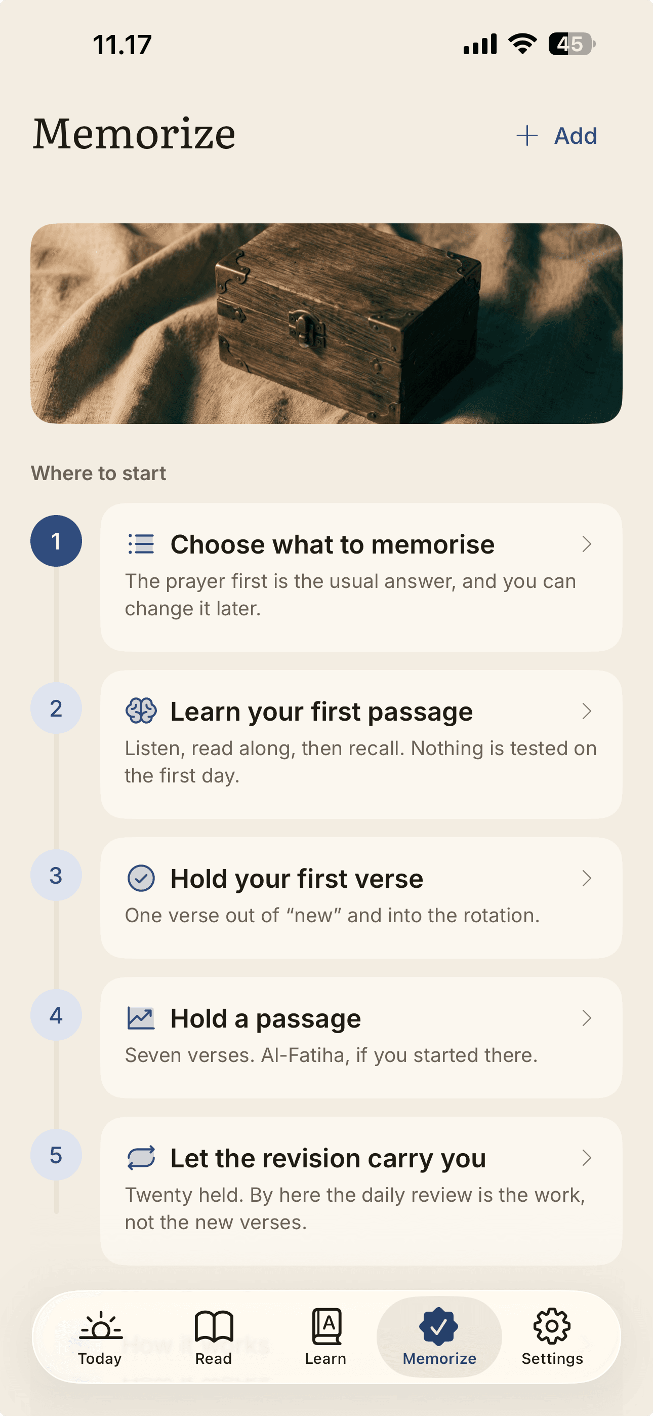 The Memorize tab, showing the five steps from first passage to daily revision