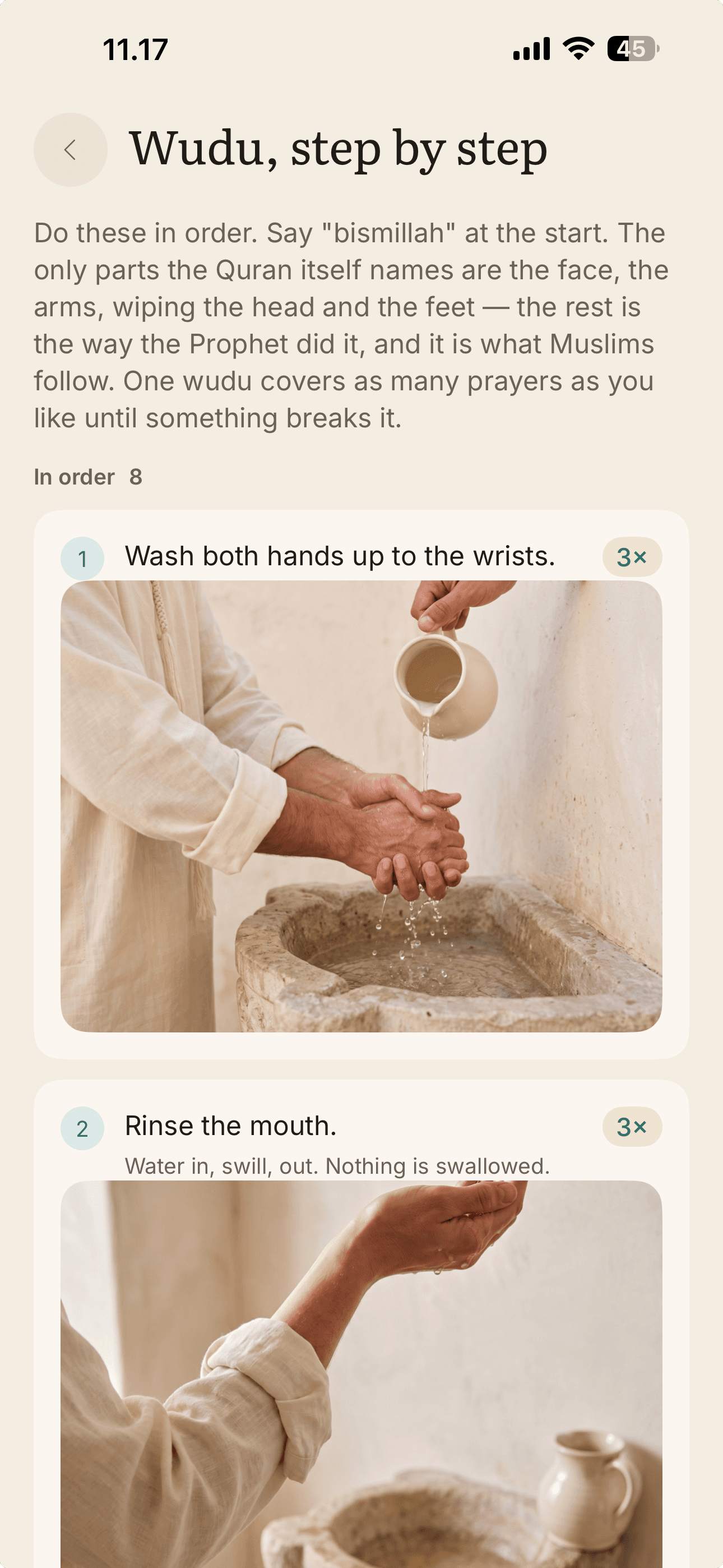 Wudu step by step, each step photographed and numbered