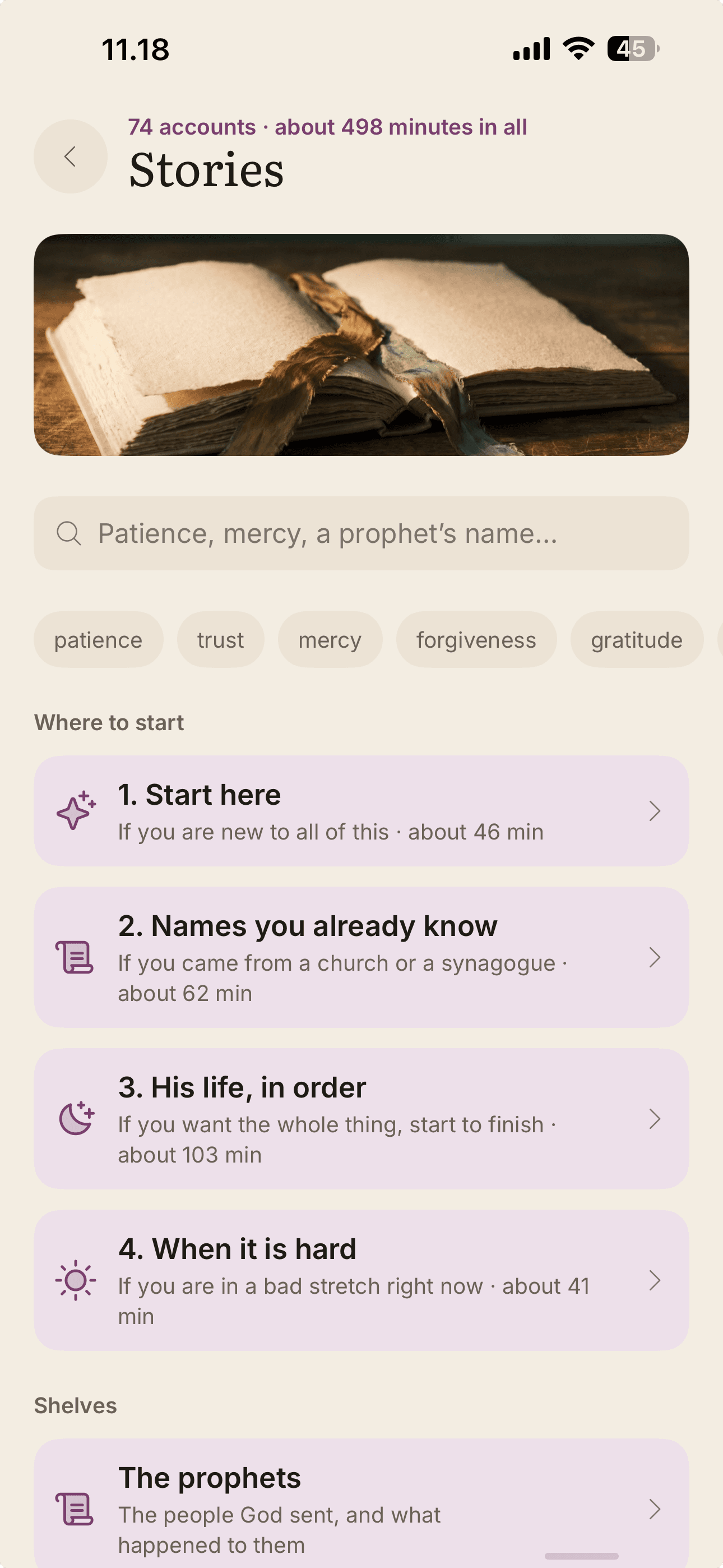 Seventy-four stories from the Qur'an on shelves, with reading times