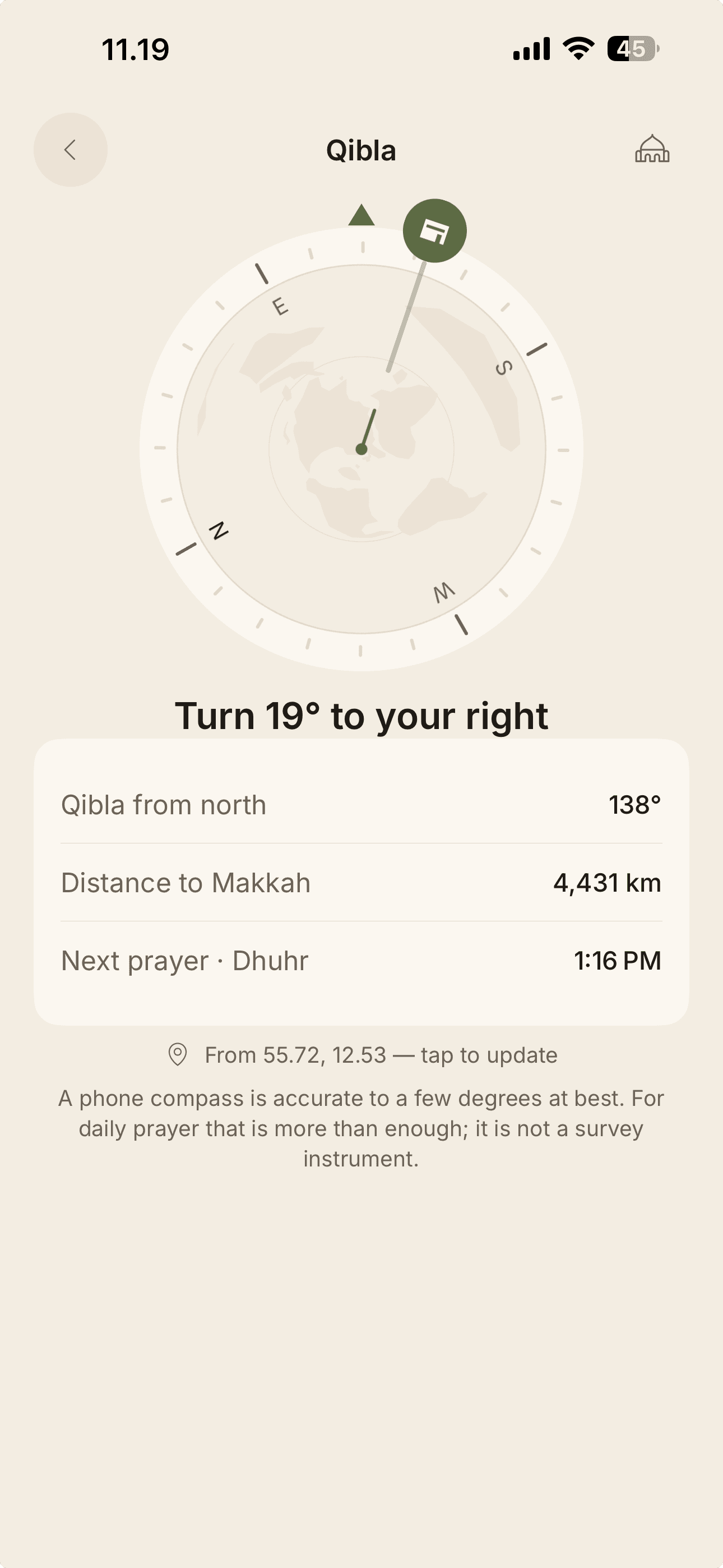 The qibla compass showing the bearing to Makkah and the next prayer